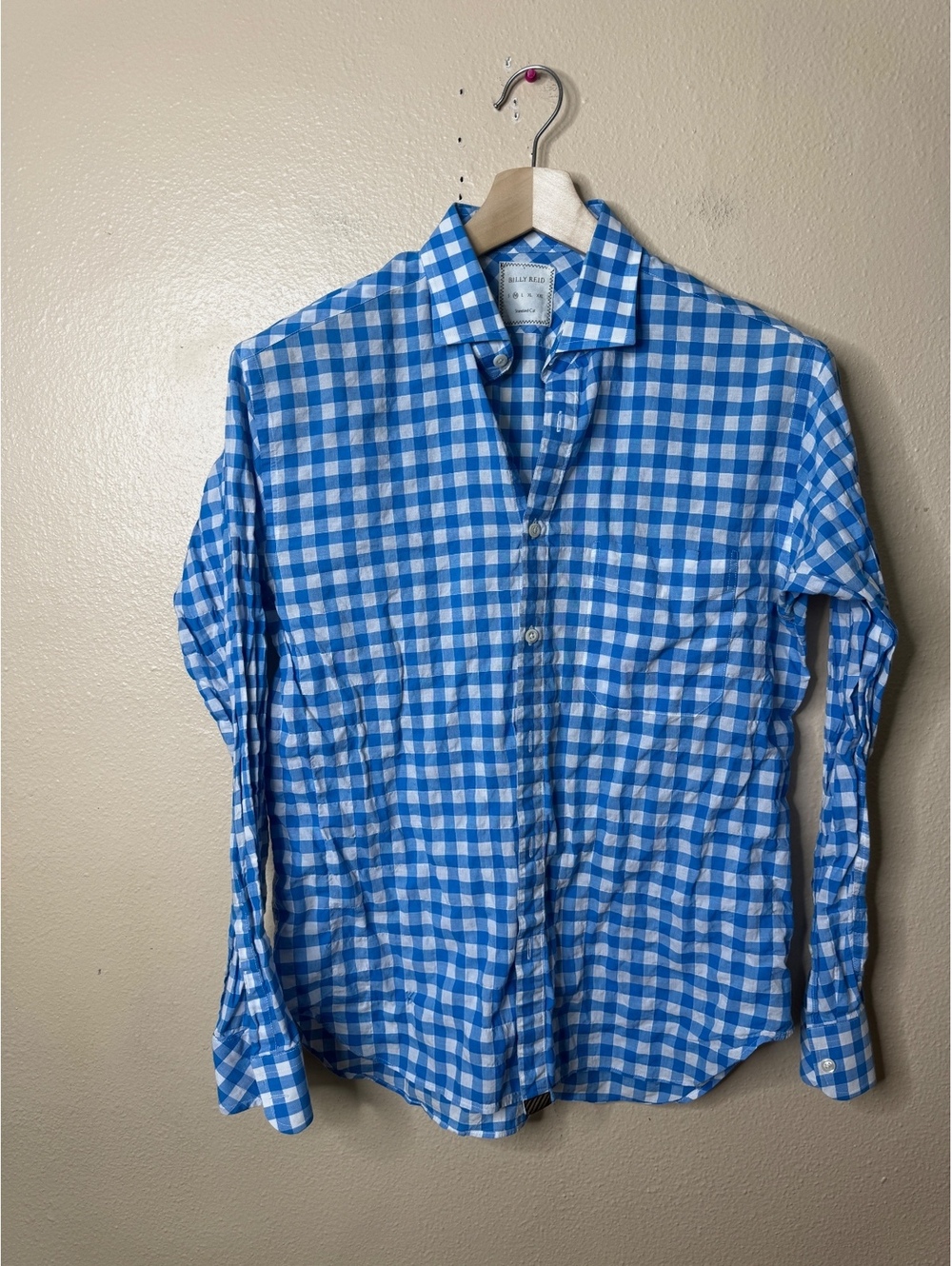 Billy Reid Button Up Shirt Men's Medium Blue White Gingham Long Sleeve Preppy
